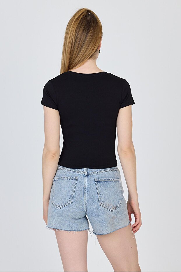 Μαύρο μπλουζάκι Crew Neck Basic Crop 9200M - 5