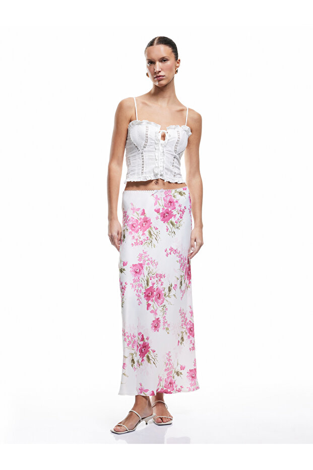 Viscose Fabric Midi Length Floral Satin Flared Skirt