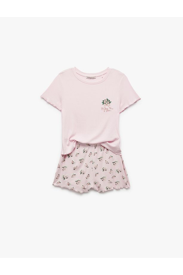 Viskon Kumaş Bisiklet Yaka Kısa Kollu Çiçekli Şortlu Pijama Takımı - 4
