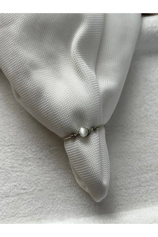 Minimal Green Cat's Eye Adjustable Silver Wire Ring