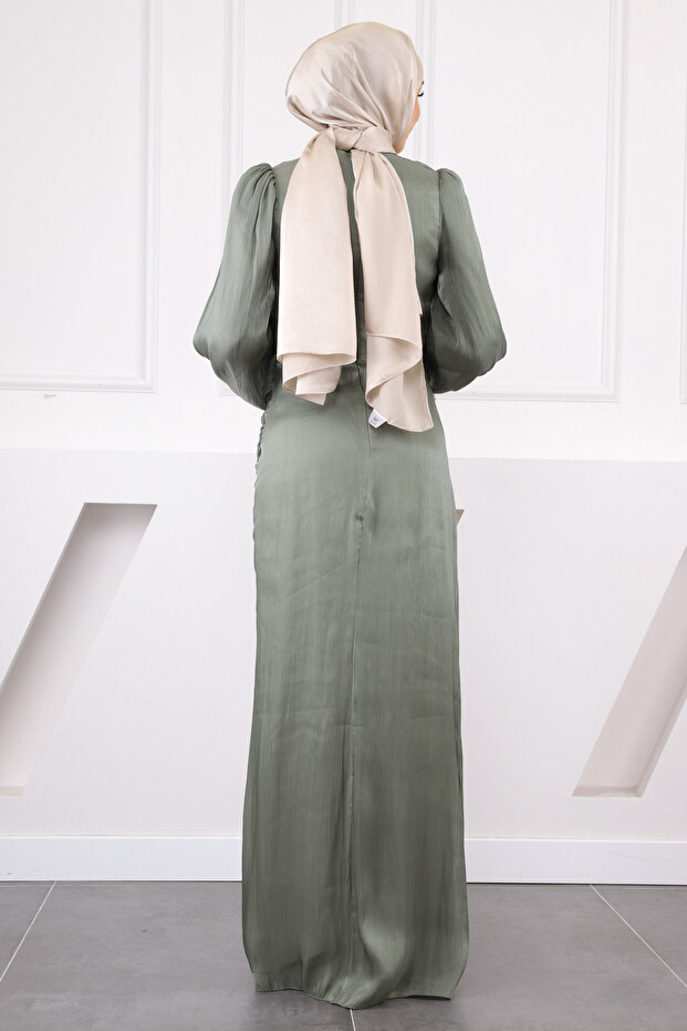 Haki Önü Drapeli Gül Detaylı Abiye - 3