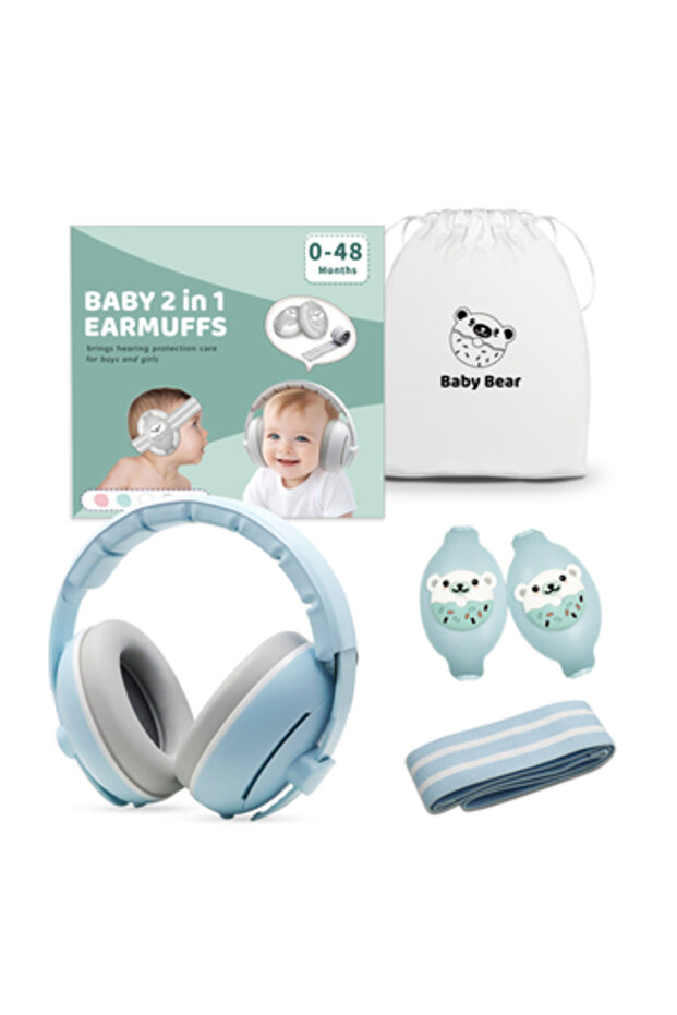Chrániče sluchu 2 v 1 pre bábätká 3-48 mesiacov, mäkký elastický hlavový most, ochrana sluchu, zníženie hluku 25 dB, modré - 10