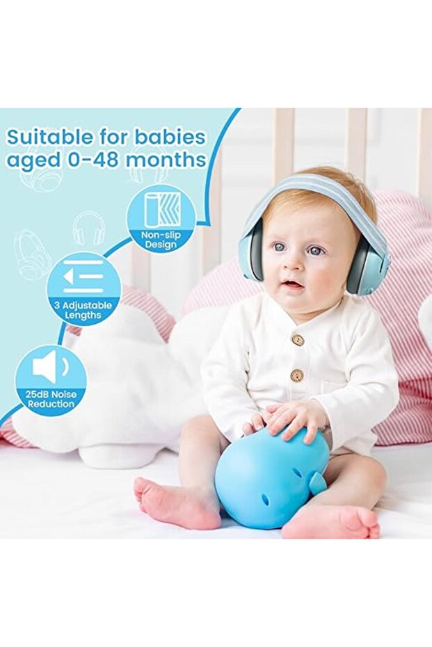 Căști 2 în 1 pentru bebeluși 3–48M – Anulare zgomot 25dB, Bandă moale, Albastru, Design ursuleț de pluș - 15