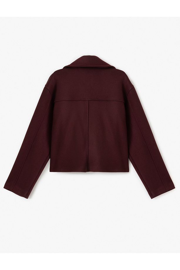 Kruvaze Yaka Astarlı Düğmeli Cep Detaylı Oversize Ceket - 4