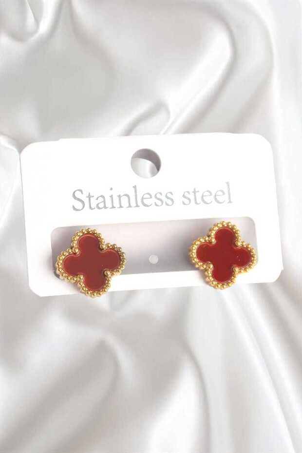316L Steel Gold Color Engraved Detailed Clover Model Women's Earrings
