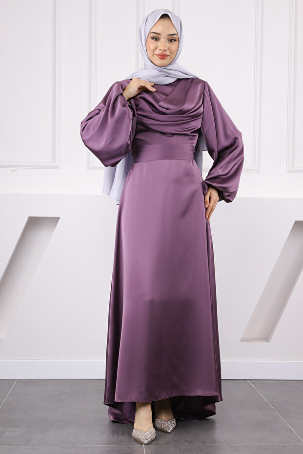 Purple Balloon Sleeve Satin Evening Dress