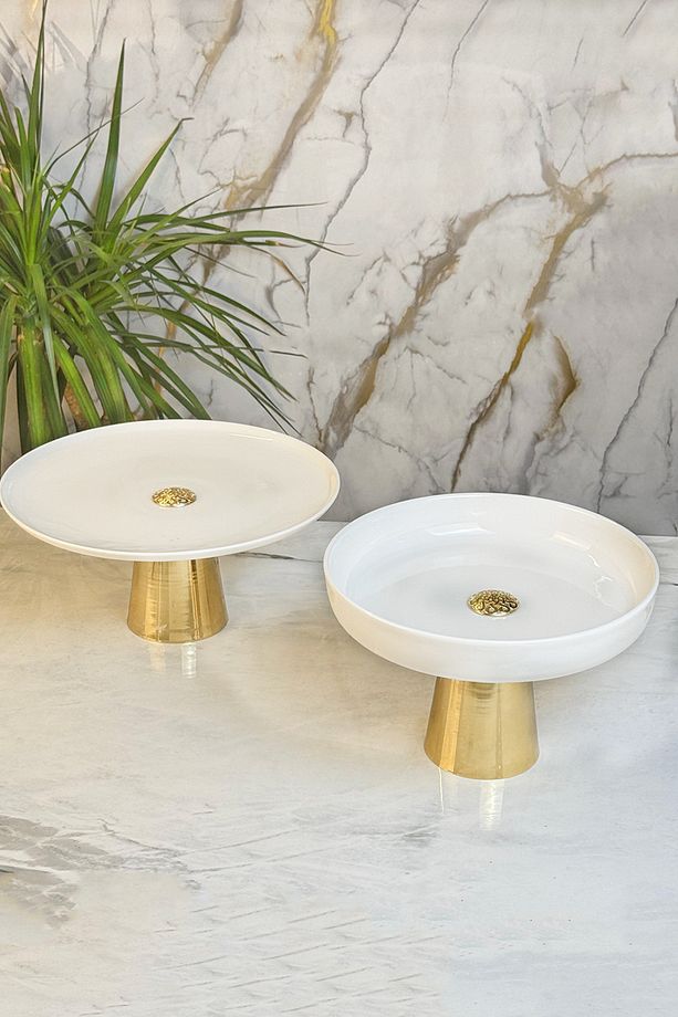 2'Li Porselen Gold Ayaklı Tabak Kase Seti & Salata Kek Kurabiye Sunumluğu Servisliği ( Yıkanabilir) - 1