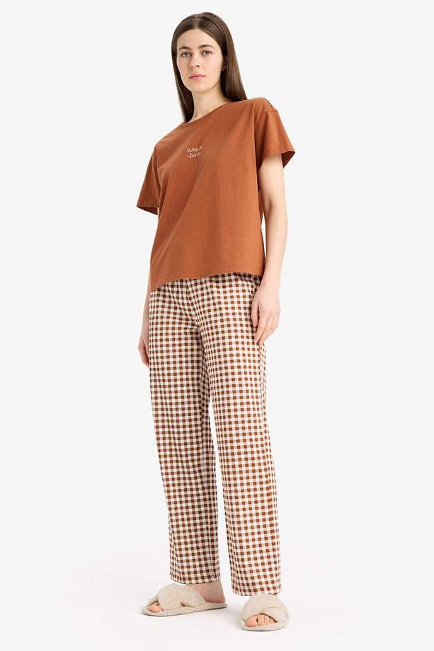 Yeni Sezon Pijama Takımı Kısa Kollu Pijama Üstü Esnek Belli Uzun Kareli Pijama - 2