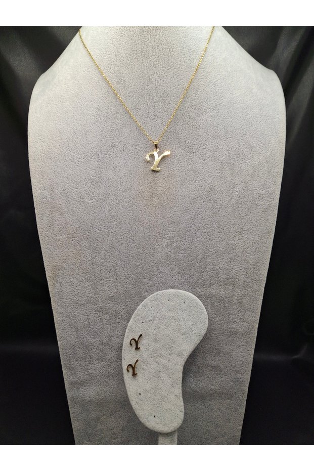 Gold Color Steel Letter Y Necklace and Earring Set