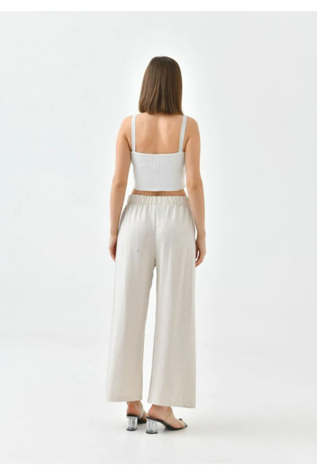 Women's Cream Linen Elastic Waist Comfortable Wide Leg Trousers