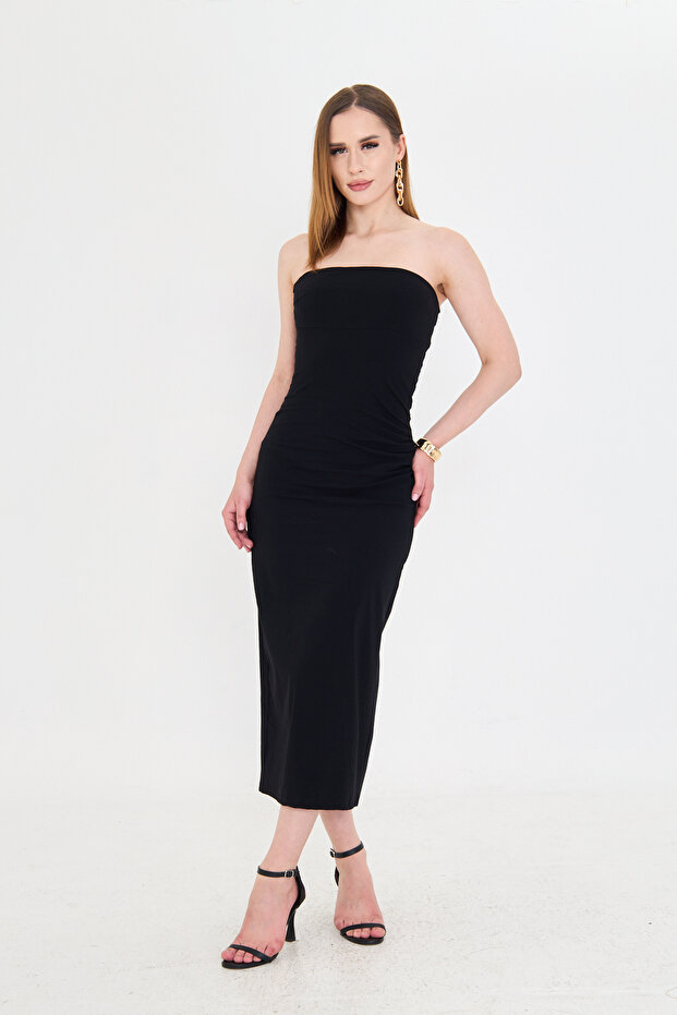 Black Back Slit Strapless Dress with Gather Detail on the Side