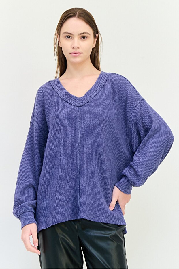 Women V-Neck Textured Sweater, Slate Blue