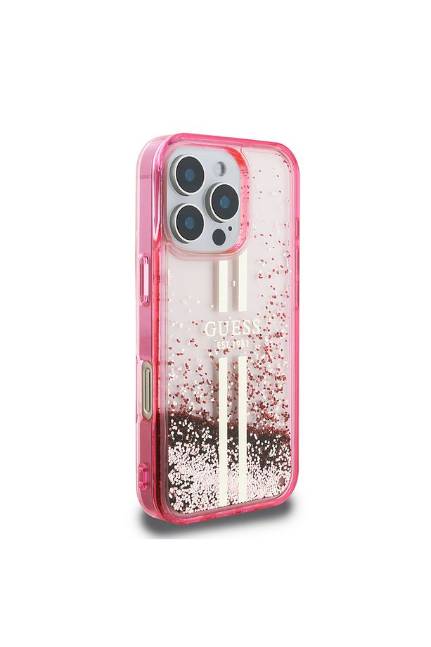 Apple iPhone 16 Pro Max Kılıf Guess Lisanslı Transparan Sıvılı Simli Altın Çizgili Kapak Pembe - 3