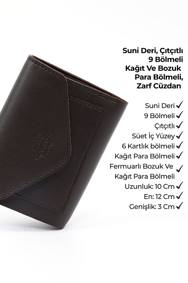 Kahve Rengi SHK67 Suni Deri Bozuk Ve Kağıt Para Bölmeli Çıtçıtlı Kartlıklı Zarf Model Cepli Cüzdan - 8