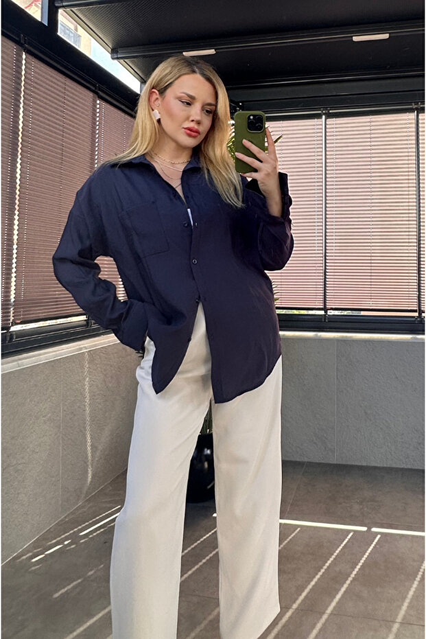 Lacivert Tek Cepli Basic Gömlek - 7