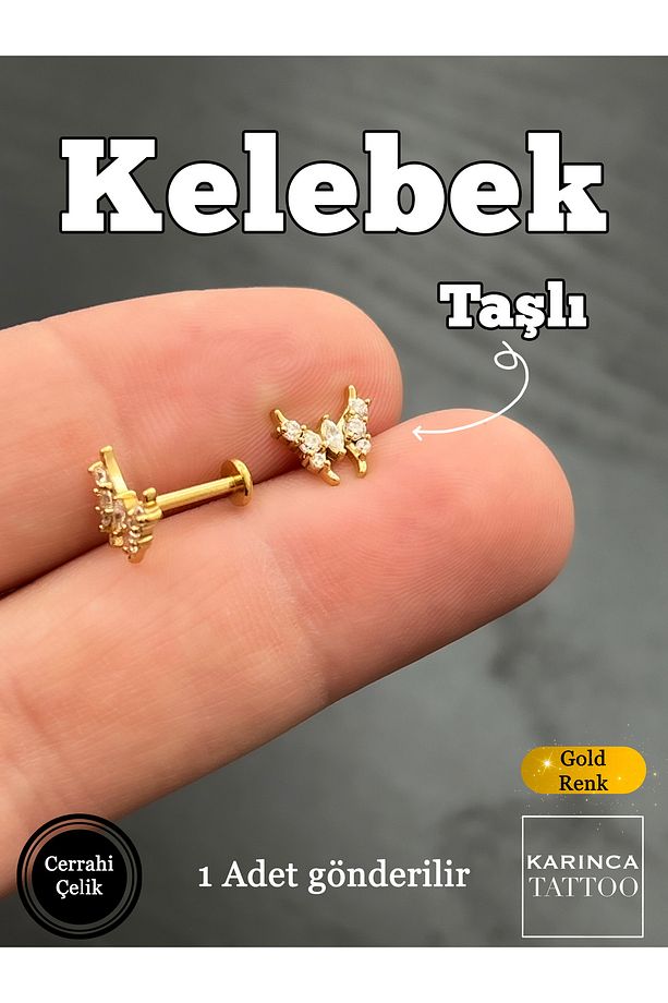 Kelebek Taşlı Tragus Piercing Forward Helix Flat Conch Cerrahi Çelik Piercing Küpe - 3