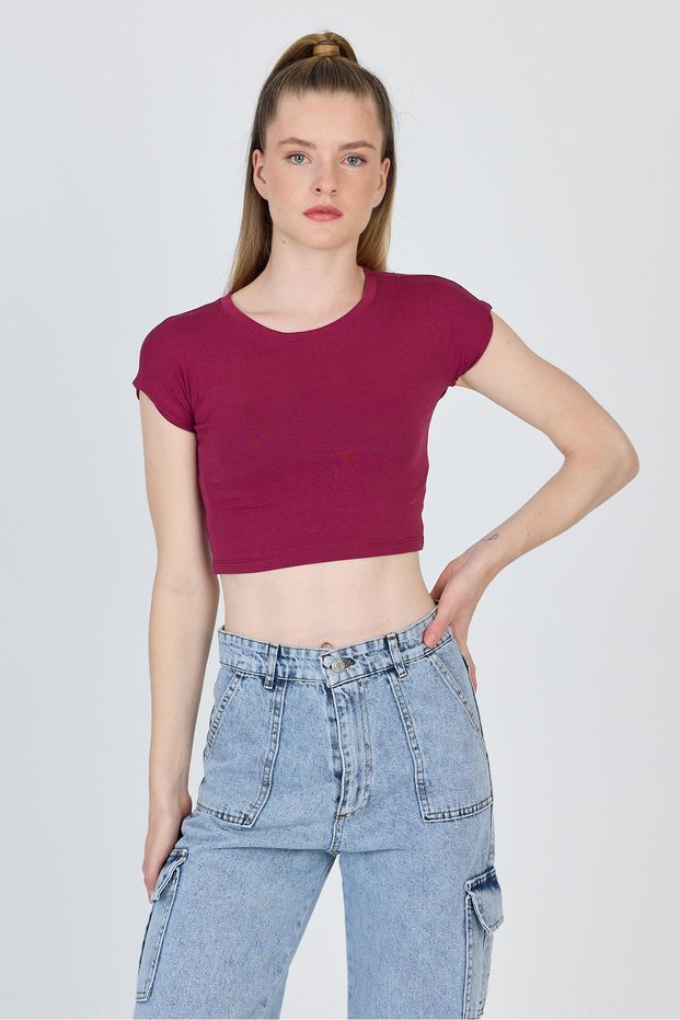 Burgundy Crew Neck Cotton Slim Fit Crop T-Shirt 9199m