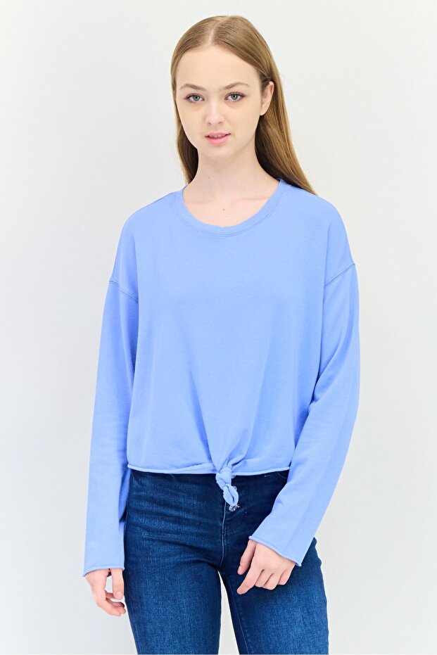 Women Crew Neck Plain Long Sleeves Top, Blue