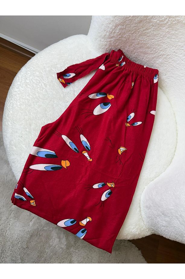 Kadın Kırmızı Tweety Desenli Süet Tek Alt Pijama Yumoş Uzun Pijama Altı - 5