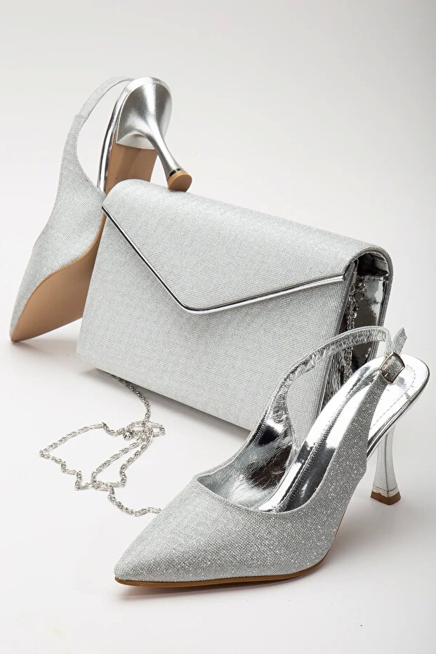 Women's Pointed Toe Shiny Evening Shoes and Bag Silver