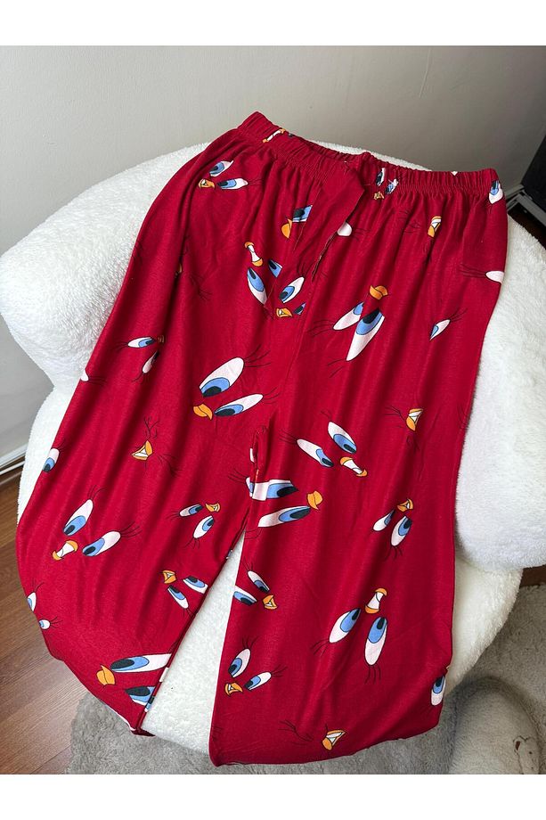 Kadın Kırmızı Tweety Desenli Süet Tek Alt Pijama Yumoş Uzun Pijama Altı - 4
