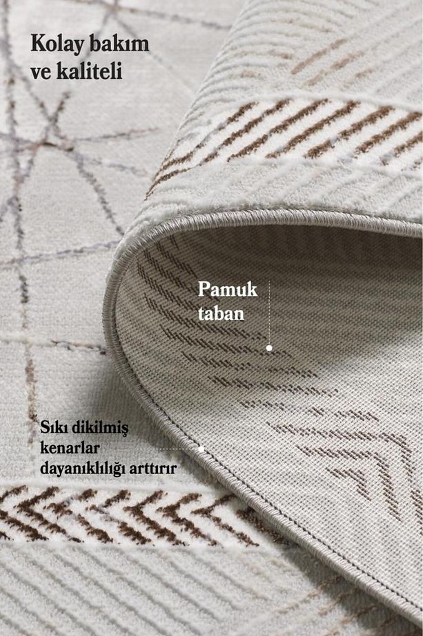 Modern ve Şık Tasarımlı Saçaklı Bej Pamuk Halı Salon Oturma Odası Yolluk Mutfak Koridor Halısı - 5