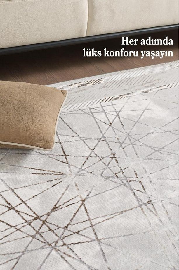 Modern ve Şık Tasarımlı Saçaklı Bej Pamuk Halı Salon Oturma Odası Yolluk Mutfak Koridor Halısı - 3
