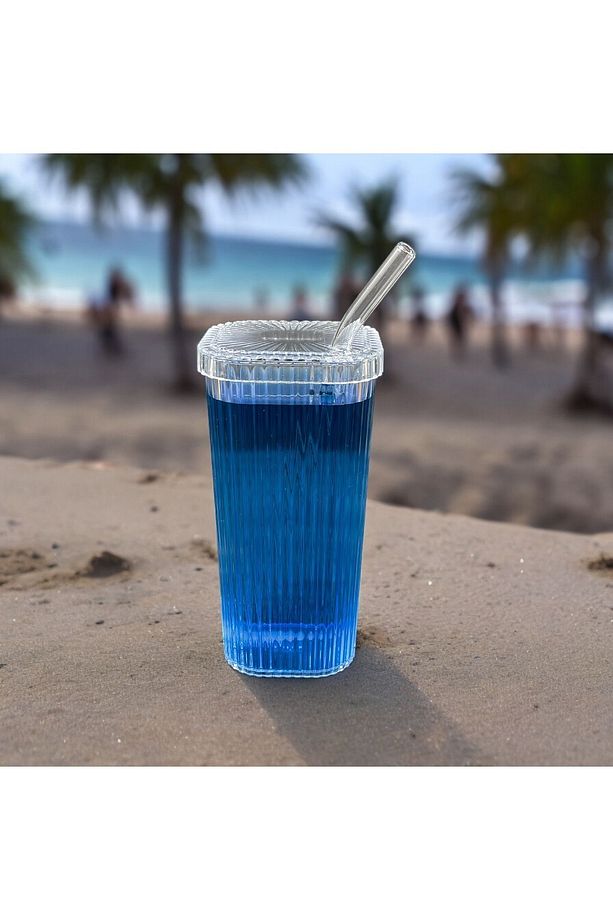 1 Adet Kare Mika (Cam Değildir) Kapaklı Pipetli Pinterest Bardak Soğuk Kahve Meşrubat Bardağı - 1