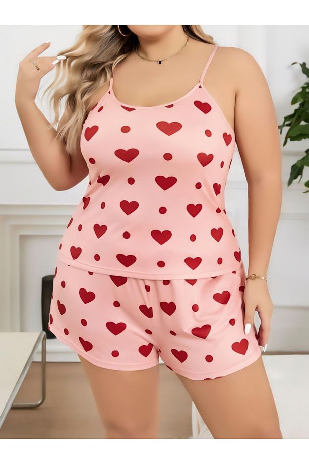 Büyük Beden Kalp Desenli Pembe Askılı Penye Şortlu Pijama Takımı - 1