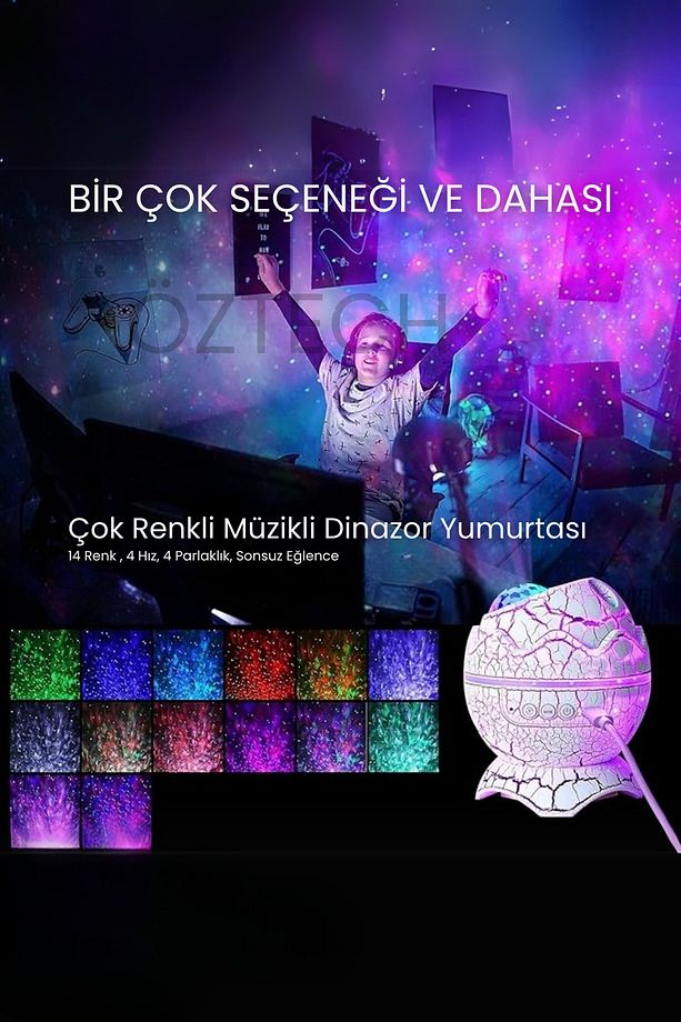 Dinazor Yumurtası Kumandalı Bluetoothlu Gece Lambası Tavan Yansıtmalı Hoparlör - 4