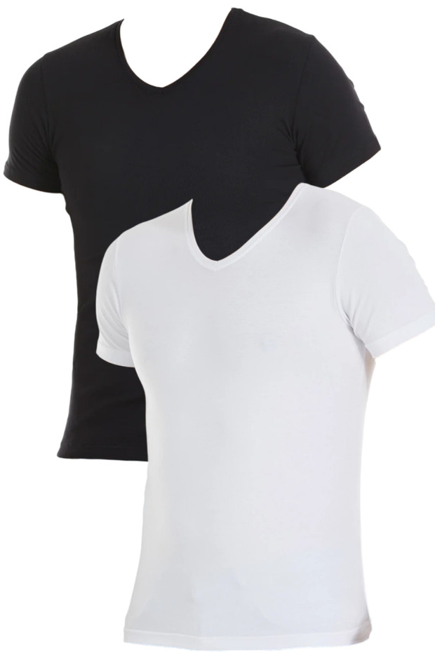 Star Short Sleeve V Neck Modal Lycra Men's Singlet 2 Pack - Breathable Stretchy and Natural