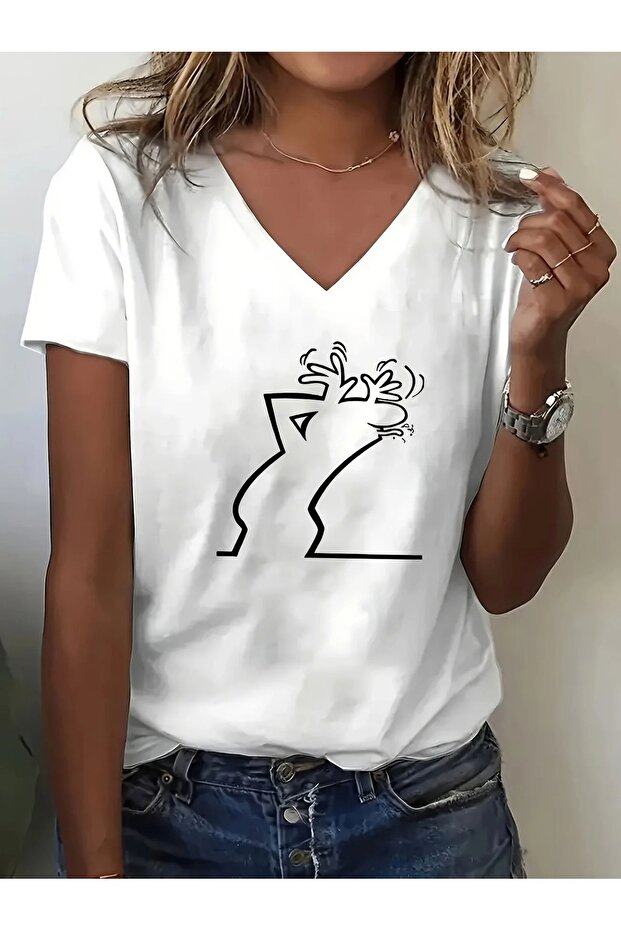 Women's Mr. Curious Graphic Printed V-Neck T-Shirt Printed Loose