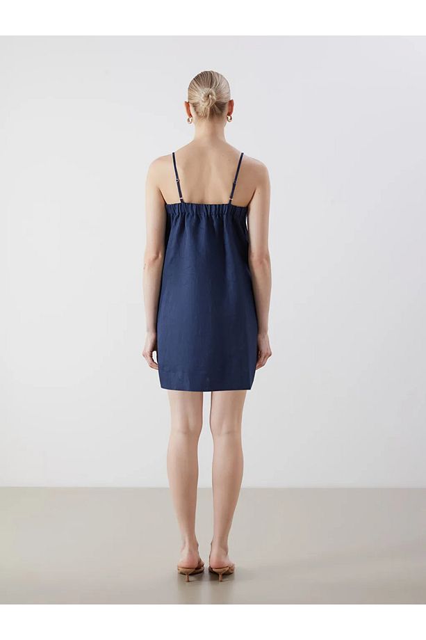 LCW Vision Indigo Kare Yaka Keten Mini Elbise - 3