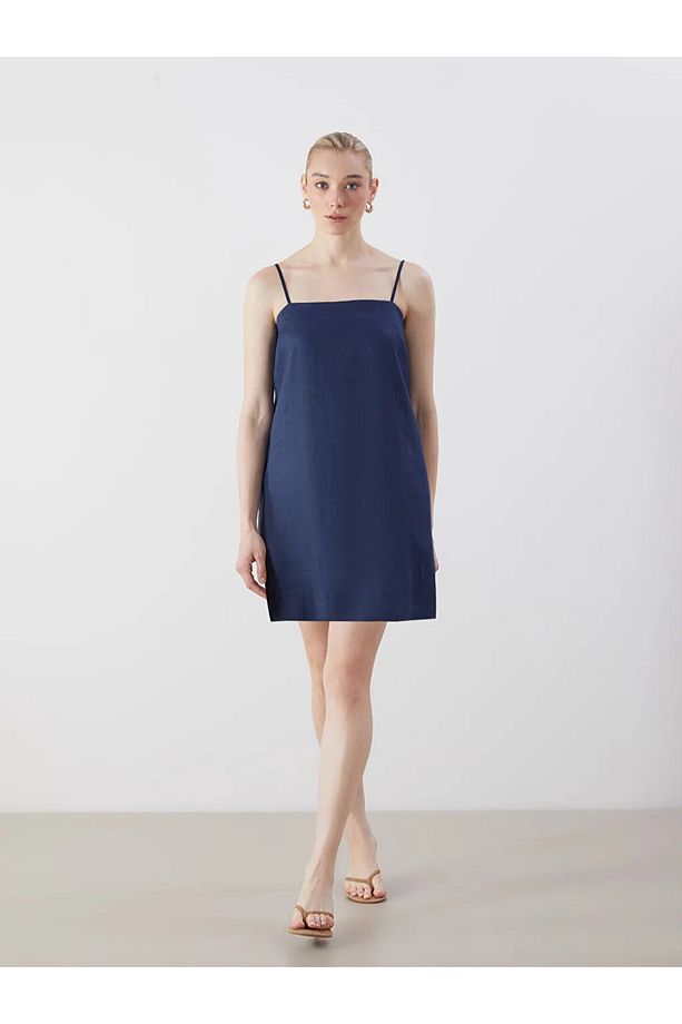 LCW Vision Indigo Kare Yaka Keten Mini Elbise - 1