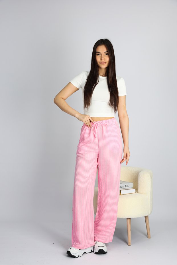 Pink Adjustable Waist Striped Pockets Wide Leg Linen Women's Trousers XL