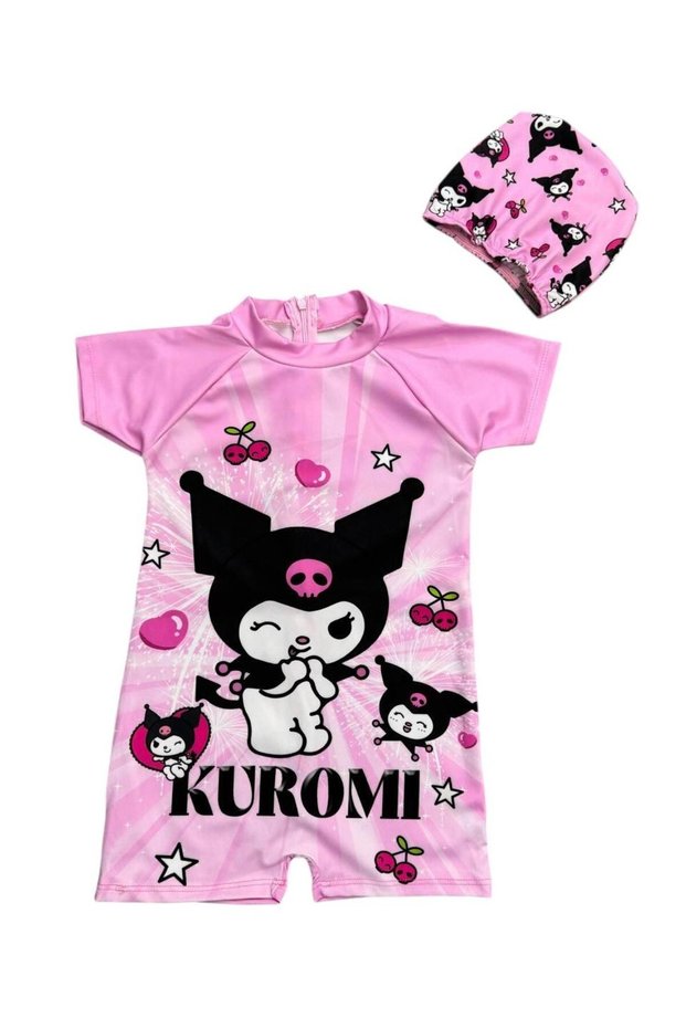 Girl's Pink Color Kuromi Patterned Jumpsuit Swimsuit