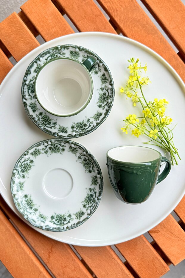Antique Green 4-Piece Porcelain Coffee Cup Set for 2 People, 90 cc, Green Floral Pattern