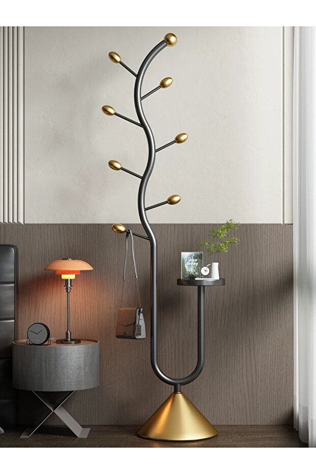 Modern tree branch design clothes rack with gold base and side table - 1