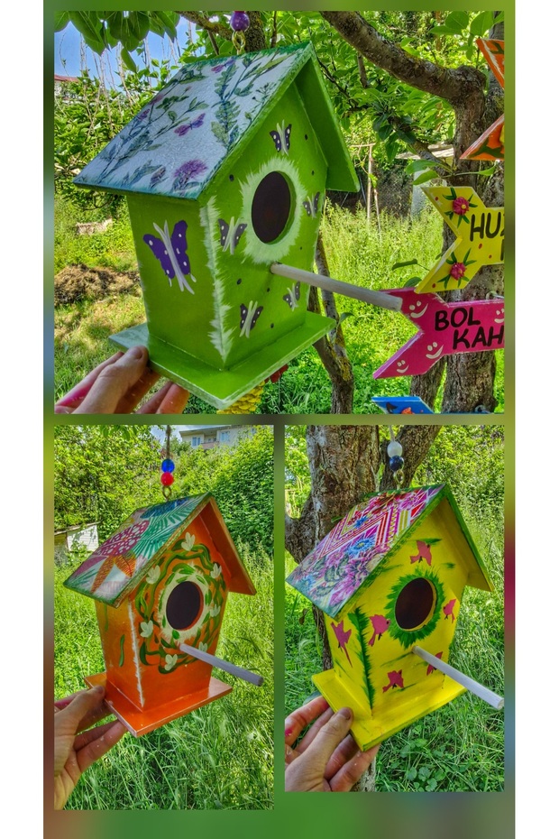 3 Pieces, 21×19×11 cm Wooden Hand-Painted Bird House, Garden Tree Ornament, Bird's Nest