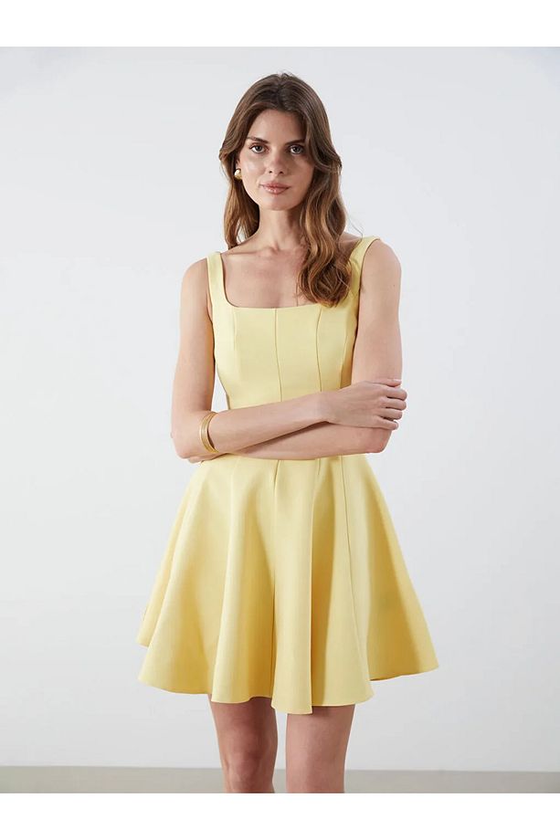 LCW Vision Sari Kare Yaka Peplum Mini Elbise - 2