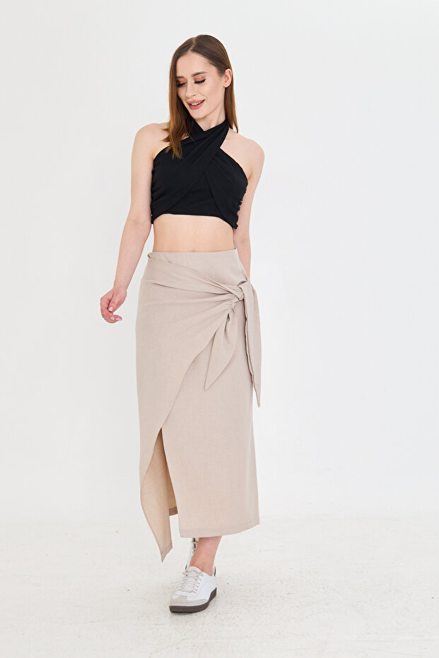 Raw Linen Side Tie Detail Wrap Skirt Does Not Show Underwear