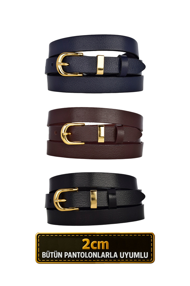 100% Genuine Leather Set of 3 Gold Color Suit Buckle 2cm Women's Belt Black, Dark Coffee, Laci_Düz_Gold