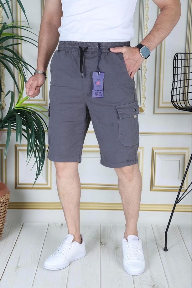 Erkek Gri Likralı Gabardin Şort Kargo Cepli Pamuklu Beli Lastikli Bağcıklı Basic Şort - 6
