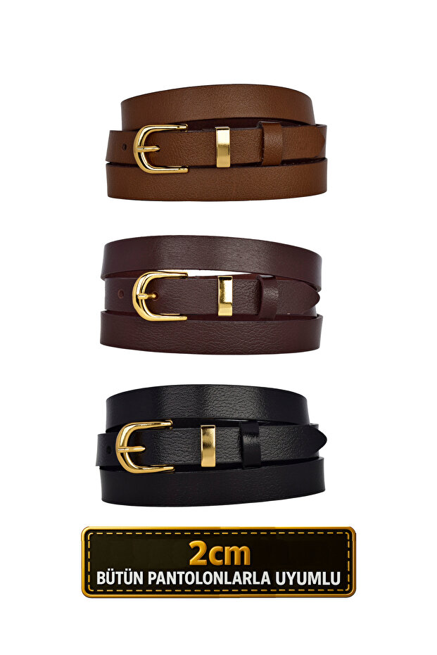 100% Genuine Leather Set of 3 Gold Color Suit Buckle 2cm Women's Belt Black, Brown, Dark Brown_Düz_Gold