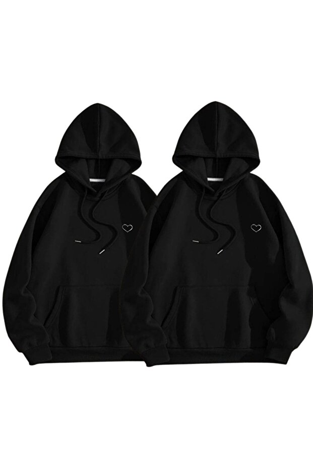 Heart Minimal Lover Couple Combination - Black Printed Oversize Hooded Sweatshirt
