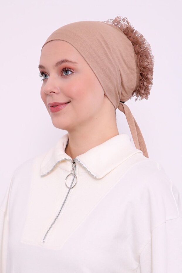 Women's Hijab Front Seamless Ruffled Combed Cotton Bonnet Milk Coffee