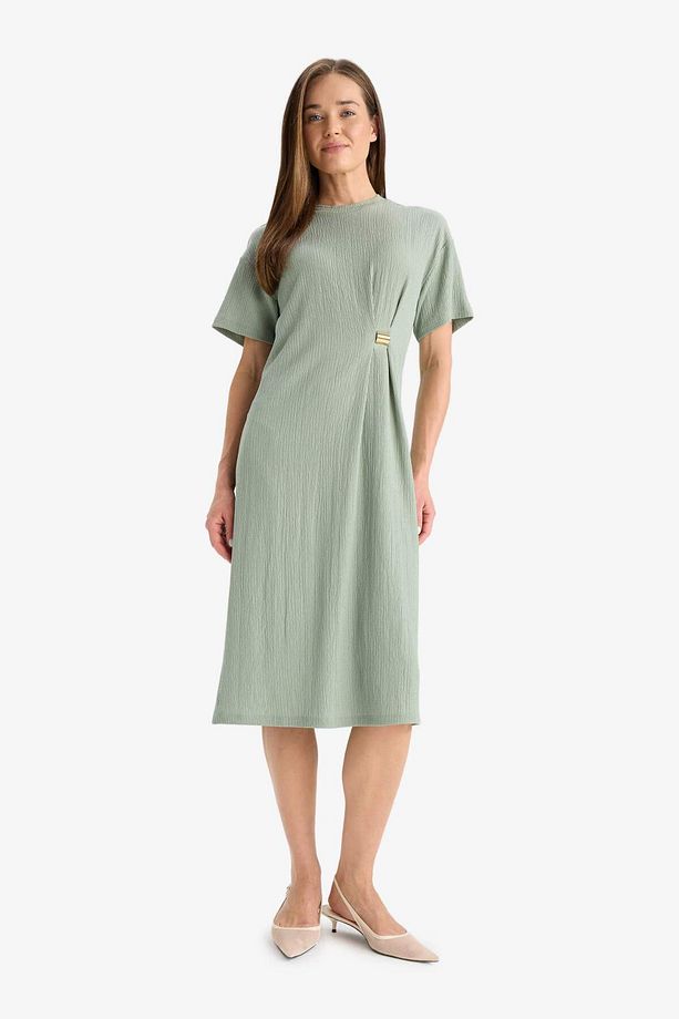 Regular Fit Bisiklet Yaka Basic Düz Bürümcük Kısa Kollu Midi Elbise E7330ax25sm - 1