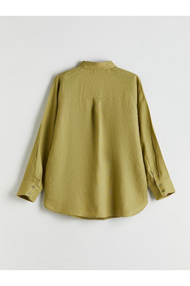 LCW Modest Haki Oversize Keten Kadın Gömlek S5FH74Z8NVY25 - 6