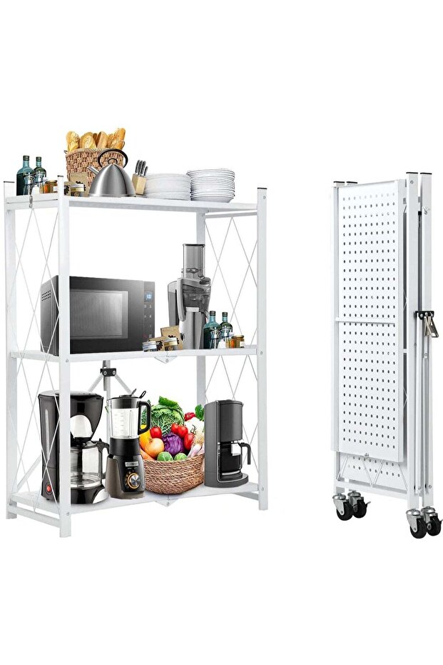 3 Tier Thickened Foldable Storage Rack with Wheels, No Assembly, Large Capacity Shelves, Heav