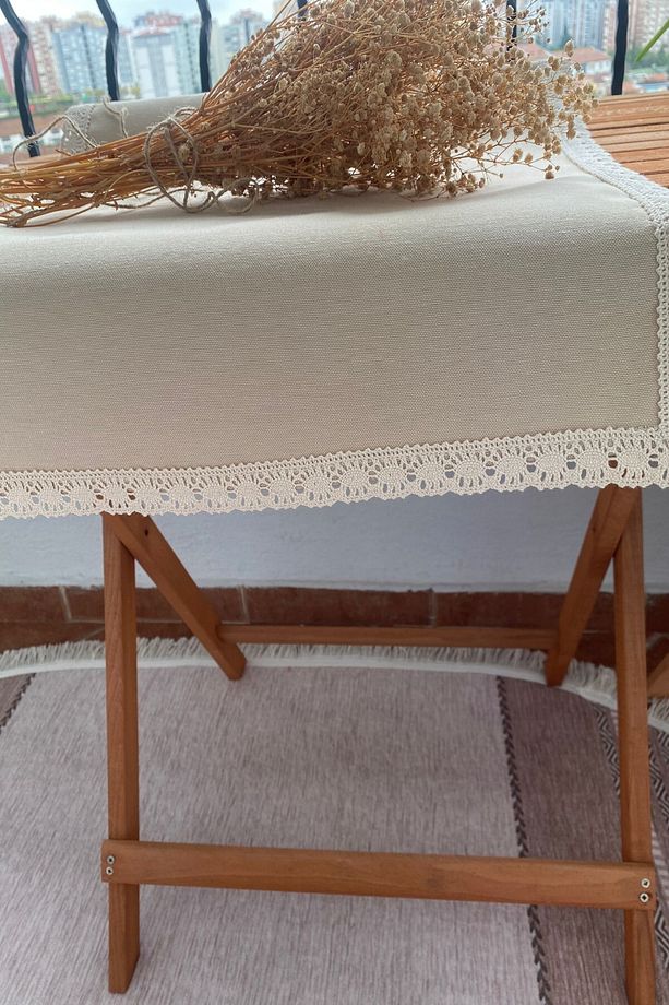 Bej Vintage Dantel Detaylı Duck Keten Runner, Leke Tutmaz, Su Itici Özellik 40*110 - 3